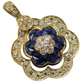 K18　フラワー　ネックレストップ　ペンダントトップ　ダイヤモンド0.36ct　サファイア2.75g 　ゴージャス　綺麗　レディース　花モチーフ　ジュエリー　アクセサリー　ギフト　プレゼント包装可　【中古】松前R56号店
