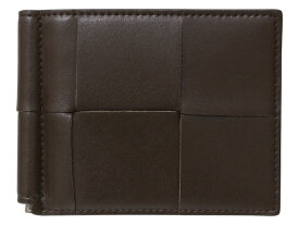 BOTTEGA VENETA　ボッテガヴェネタ　カセット　749453　マネークリップ付き二つ折り財布　コンパクトウォレット　ブラウン系　レザー　シルバー金具　イントレチャート　薄型　メンズ　シンプル　人気　プレゼント包装　ギフト【中古】松前R56号店