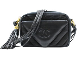 CHANEL　シャネル　フリンジVステッチショルダーバッグ　ブラック　黒　ラムスキン　レザー　ゴールド金具　ショルダーバッグ　斜め掛け　小さめ　ウィメンズ　レディース　ギフト　プレゼント包装可【中古】松山久万ノ台店