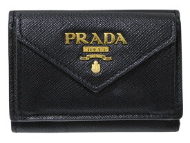 【箱・ギャラあり】PRADA　プラダ　コンパクトウォレット　1MH021　ブラック　レザー　ゴールド金具　3つ折り財布　ミニ財布　レディース　シンプル　人気　プレゼント包装　ギフト【中古】松前R56号店