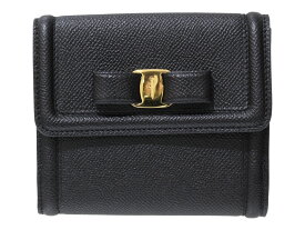 【箱あり】Salvatore Ferragamo　サルヴァトーレ　フェラガモ　VARA RIBBON　ヴァラ・リボン　2つ折り財布　22C911　コンパクトウォレット　Wホック　ブラック　レザー　ゴールド金具　ミニ財布　レディース　シンプル　人気　プレゼント包装　ギフト【中古】松前R56号店