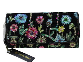 【箱・布袋あり】Think Bee!　シンクビー　スパンコールロングウォレット　長財布　折りたたみ　かぶせ蓋　ブラック　マルチカラー　カラフル　お花　フラワー　レディース　ウィメンズ　お洒落　シンプル　人気　プレゼント包装　ギフト【中古】松前R56号店