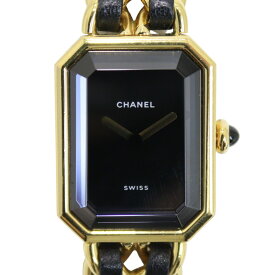 CHANEL　シャネル　プルミエール　H0001　サイズL　クオーツ　ブラック文字盤　ブラック×ゴールド　レザー　ゴールドメッキ　スクエア　20m防水　レディース　ウィメンズ　定番　人気　腕時計　ウォッチ　プレゼント包装　ギフト【中古】松山久万ノ台店