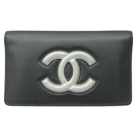 【箱・ギャラあり】CHANEL　シャネル　2つ折り長財布　ウォレット　ブラック×シルバー　ココマーク　シンプル　レディース　ギフト　【中古】新居浜店