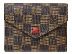 【箱・布袋付】LOUIS VUITTON　ルイ・ヴィトン　ポルトフォイユ・ヴィクトリーヌ　N41659　ダミエ・エベヌ　折りたたみ財布　三つ折り　コンパクトウォレット　ブラウン系×レッド系　レディース　LV　人気　シンプル　ギフト　プレゼント包装可【中古】松前R56号店