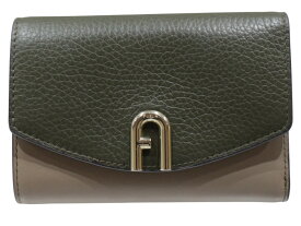 FURLA　フルラ　三つ折り財布　レザー　ベージュ×カーキ　ゴールド金具　コンパクトウォレット　財布　ウィメンズ　レディース　カジュアル　プレゼント包装　ギフト【中古】松山久万ノ台店