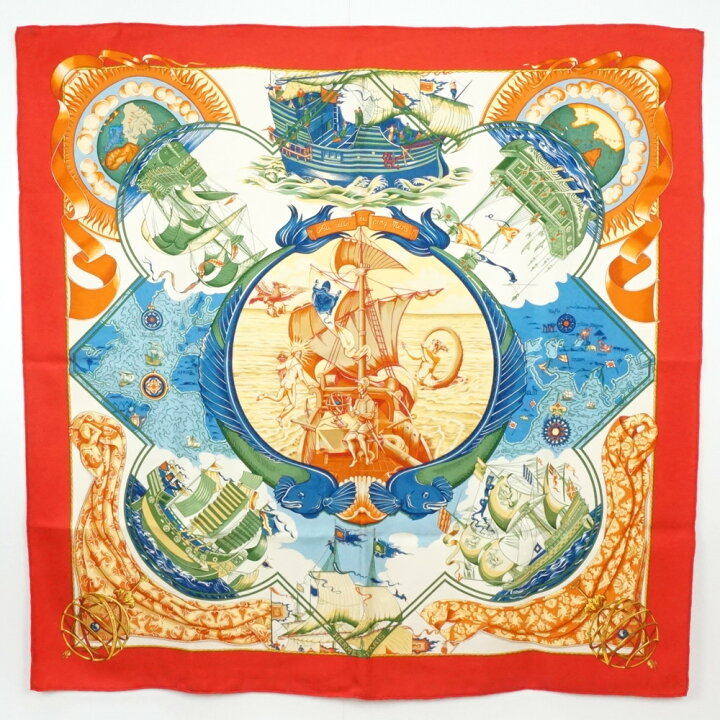 楽天市場】HERMES エルメス カレ90 5つの海を越えて レッド ブルー 