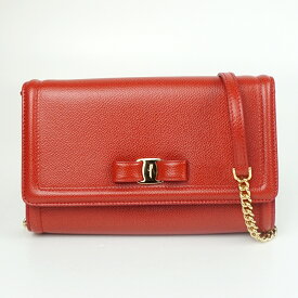 FERRAGAMO　フェラガモ　AU22 C940　 ヴァラリボン　チェーンショルダーバッグ　レッド　ゴールド　レザー　革　ミニバッグ　斜め掛け　レディース　【中古】