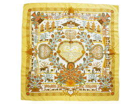 HERMES エルメス カレ90 スカーフ 「 Decoupages (切り絵) 」柄 イエロー系 シルク100%【程度AB】【中古】