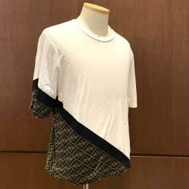 FENDI フェンディ FAF682 AN68 ズッカ柄 切替 Tシャツ 半袖 トップス XSサイズ 白 茶色 コットン 綿 Uネック メンズ 管理RY24002006