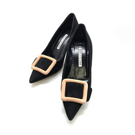 MANOLO BLAHNIK マノロブラニク スエード バックルパンプス ポインテッドトゥ ブラック ピンク スクエア サイズ35（22cm） 管理RT41257
