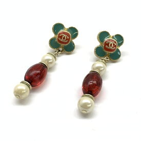 CHANEL シャネル フラワーモチーフ パール ビーズ ピアス アクセサリー 16A グリーン レッド ゴールド ココマーク 管理RT44618