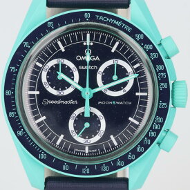 スウォッチ【Swatch】SO33L103 OMEGA×Swatch ミッショントゥアース ポーラーライト/MISSION ON EARTH POLAR LIGHTS 腕時計 コラボ ターコイズ ネイビー文字盤 バイオセラミック/ベルクロ クロノグラフ スモールセコンド メンズ/男性 ギフト 人気【中古】h