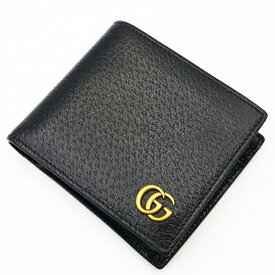 グッチ【GUCCI】428725 GGマーモント レザー コインウォレット ダブルG 二つ折り財布 メンズ/男性 ユニセックス ギフト プレゼント 贈り物 お祝い レザー　ブラック【中古】h