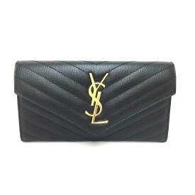 N【中古】【SAINT LAURENT】サンローラン　二つ折り長財布　372264　グレインレザー　ブラック×ゴールド金具　レディース　ブランド財布　箱/布袋有　Vステッチ　送料無料　質屋かんてい局那須塩原店★3101983-5n