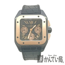 U【中古】Cartier【カルティエ】サントス100カーボンクロノグラフ　W2020004　 ピンクゴールド×ブラック文字盤 　K18PG×チタン　レザーベルト　自動巻　メンズ時計　日常生活防水　仕上済　オーバーホール済　美品【かんてい局宇都宮店】31000079315-26u-f