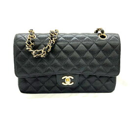 N 【中古】【CHANEL】シャネル　Wフラップチェーンショルダーバッグ　A01112　キャビアスキン　ブラック×ゴールドカラー金具　ブランドバッグ　肩掛けバッグ　ショルダーバッグ　レディースバッグ　ココマーク　質屋かんてい局那須塩原店★R2502686