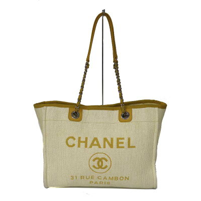 CHANEL【シャネル】A67001ドーヴィルトートMMナイロンキャンバスイエロー系ロゴトートバッグビッグトートショルダーレディースシルバー金具【中古】USED-7質屋かんてい局小牧店c20-5921