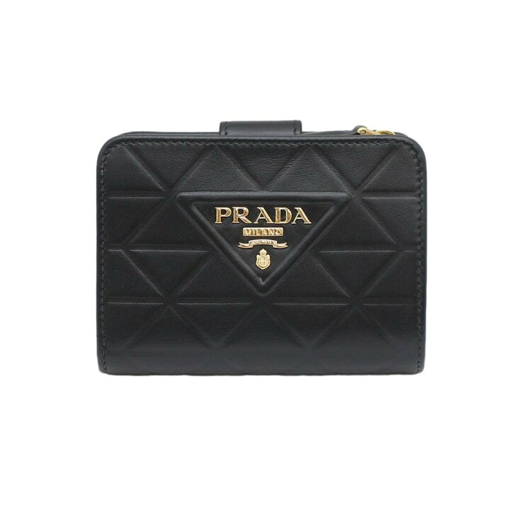 PRADA 欲する ブラック トライアングルモチーフ入り レザー 財布 中古