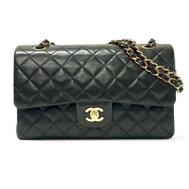 【中古】CHANEL A01112 Y01490 ダブルチェーン ショルダーバッグ ブラック ゴールド金具 Wフラップ マトラッセ25 ラムスキン クラシック ハンドバッグ レザー シャネル USED-AB●