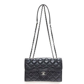 【中古】CHANEL マトラッセ 2way W ダブル チェーン ショルダー バッグ ラムスキン ブラック シルバー ココマーク フラット ダイヤ キルティング 黒 クラシック ハンドバッグ 肩掛け 斜め掛け シャネル レディース ブランド USED-B●
