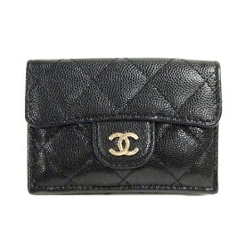 【中古】CHANEL A84401 コンパクト ウォレット キャビアスキン マトラッセ ブラック ゴールド金具 フラップ 箱・ギャランティカード 黒 三つ折り ミニ 財布 ココマーク 財布 ダイヤ キルティング ブランド シャネル レディース □□ USED-A●