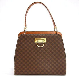 【中古】CELINE マカダム柄 ダブル フェイス トップハンドル バッグ ブラウン W バイカラー ゴールド金具 トートバッグ レザー ハンドバッグ セリーヌ レディース ブランド USED-B●
