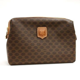 【中古】CELINE マカダム柄 ファスナー ポーチ ブラウン ゴールド金具 レザー バッグ セリーヌ レディース ブランド ヴィンテージ □□ USED-AB●