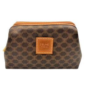 【中古】CELINE マカダム柄 コスメポーチ ブラウン ゴールド金具 ファスナー バッグ レディース ブランド セリーヌ □□ USED-AB