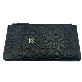 CHANEL フラグメントケース カメリア キャビアスキン ブラック 札入れ 小銭入れ カード入れ ウォレット シャネル ブランド レディース 女性用 □□USED-A