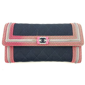 【中古】CHANEL A80286 ボーイシャネル マトラッセ ナイロン 長財布 ネイビー フューシャ ピンク シャネル レディース 女性用 USED-B