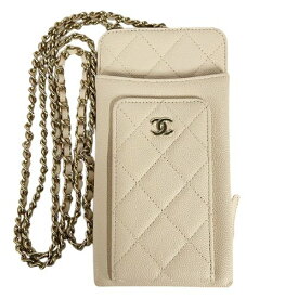 CHANEL シャネル マトラッセ ココマーク チェーンショルダー フォンケース スマホケース 携帯ケース ポシェット キャビアスキン ベージュ系 □□USED-SA