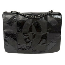 CHANEL シャネル パテントレザー ココマーク チェーンショルダー バッグ ブラック シルバー金具□□USED-SA