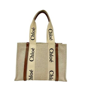 CHLOE クロエ ウッディ ミディアム トート バッグ WOODY ハンドバッグ ベージュ系 キャンバス □□ USED-B