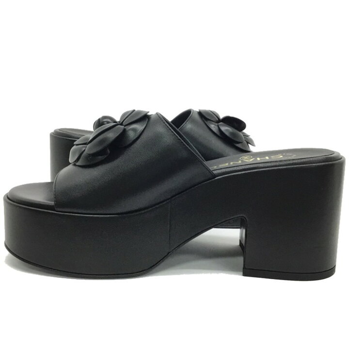 CHANEL 黒 フラワーモチーフ サンダル ヒール約8cm