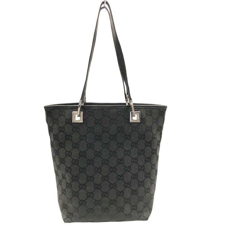 GUCCI トートバッグGG キャンバスレザーブラックシルバー金具巾着 