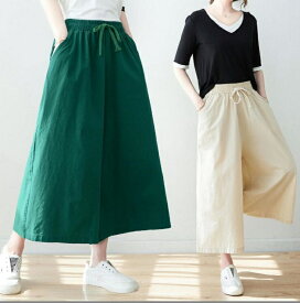 【クーポンご利用で最安1350】リネン ワイド パンツ イージーパンツ イージーワイドパンツ 麻 綿麻 コットン ガウチョパンツ スカーチョ スカンツ ウェストゴム ウェスト紐 体型カバー パンツコーデボトムス レディース