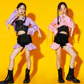 キッズ ダンス衣装 kpop セットアップ へそ出し hiphop ガールズ 女の子 子供 ジャズダンス ヒップホップ 3点セット ピンク パープル HIPHOP 応援団 練習着 ステージ衣装 可愛い かわいい おしゃれ ユニフォーム チアリーディング 舞台 演出服