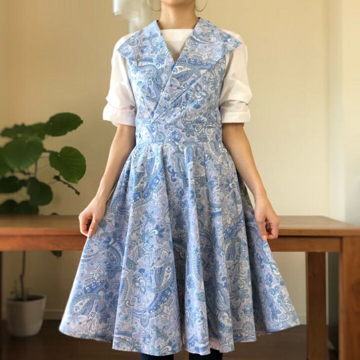 楽天市場 エプロン ブランド 高級 かわいい フレア エプロン おしゃれエプロン ロングエプロン エプロンドレス ドレスワンピースエプロン ブランド ロング カシュクール 綿 コットン ペイズリー 大き目 大きい 長め 長い ミセス 細見え 可愛い おしゃれ ギフト