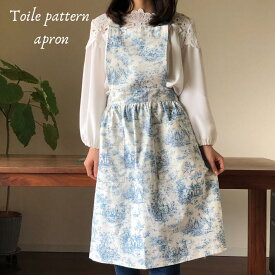 エプロン 母の日 かわいい 首掛け コットン リネン 綿 麻 トワルドジュイ toile de jouy トワル トワレ ワンピース 女性 女性用 女の子 家庭用 おしゃれ ポケット ブルーアンドホワイト フランス 人気 エプロンドレス カフェエプロン プレゼント ギフト ラッピング