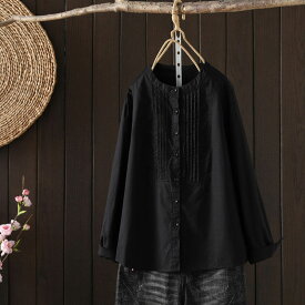 シャツブラウス レディース シャツ 長袖 ブラウス スタンドカラー バンドカラー トップス 白シャツ 長袖シャツ ピンタック 春秋 春 綿シャツ おしゃれ きれいめ 無地 大きいサイズ ゆったり 体型カバー 白 大人 通勤 通学 ベーシック
