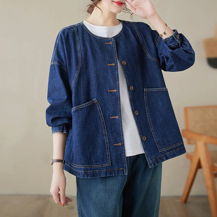 楽天市場】デニムジャケット ノーカラー ショート丈 アウター 