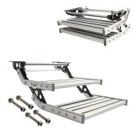手動 RV ステップ キャンピングカーステップ キャンピングカー階段 12V LED ライト付き 耐荷重150KG アル…