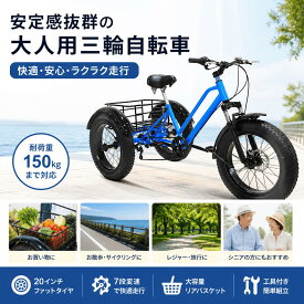 大人の三輪車自転車20 "バスケット付き、ショッピング用の7スピードアダルトトライク、ファットバイクスノートライク、設置ツール、大人用の快適な三輪車、積載容量330 lbs/150kg