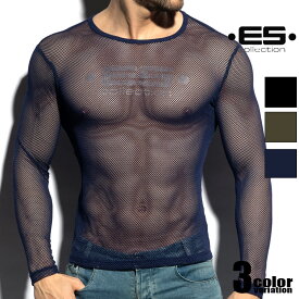 EScollection/イーエス・コレクション MESH LONG SLEEVES T-SHIRT メッシュ長袖Tシャツ 透け シースルー 編み Tシャツ　メンズ　ファッション　トップス