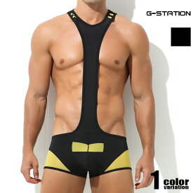 【G-Station/ジーステーション】ブラック×イエロー 3D立体ポーチ レスリングウェア型インナー　ショルダーボクサーパンツ　男性下着　メンズ　上下一体型インナー タグレス