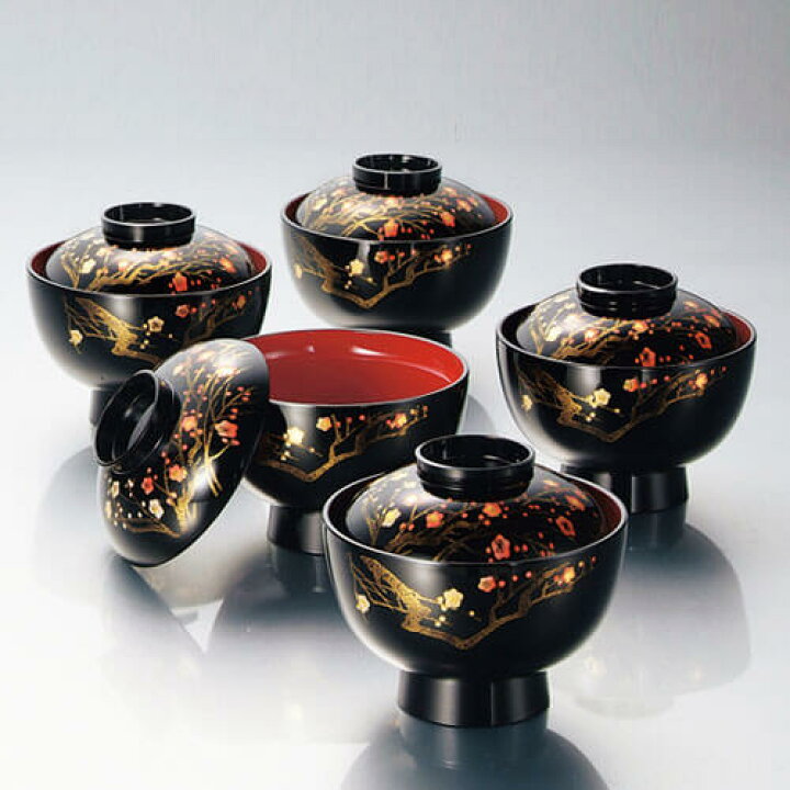 漆器 椀 5個セット 木箱入り（吸物椀5客 木箱入り 懲り 茶懐石道具 