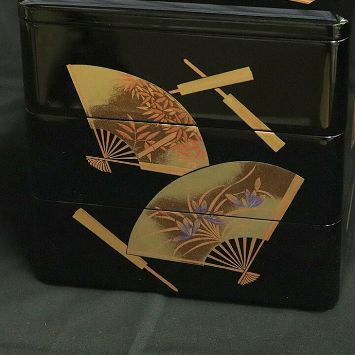 楽天市場】重箱 3段 日本製 国産 会津漆器 6.5 三段本重 雅扇面 黒 内 