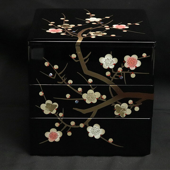 会津ぬ里✦合成漆器✦三段重箱 ✦「蒔絵」梅の花と枝模様 / お正月 