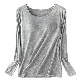 カップ付き プラトップ 長袖 大きいサイズ レディース あったか 肌着 インナー 丸首 さらさら 薄手 アンダーゴム 締め付けない 黒 白 赤 青 水色 緑 紫 rr66 プレゼント ギフト 母の日 父の日 敬老の日 バレンタイン ホワイトデー クリスマス